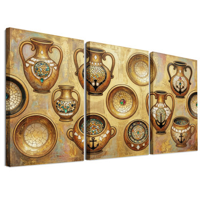 Ensemble de 3 vases et bols en céramique mosaïque avec détails d'ancre, tableaux sur toile
