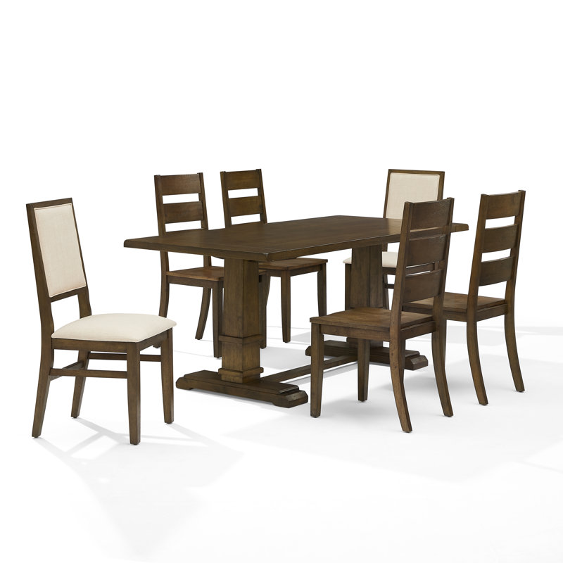 Heymann Trestle Dining Set with Upholstered and Wood Chairs, 7 Pieces: Table, 6 Chairs, Brown