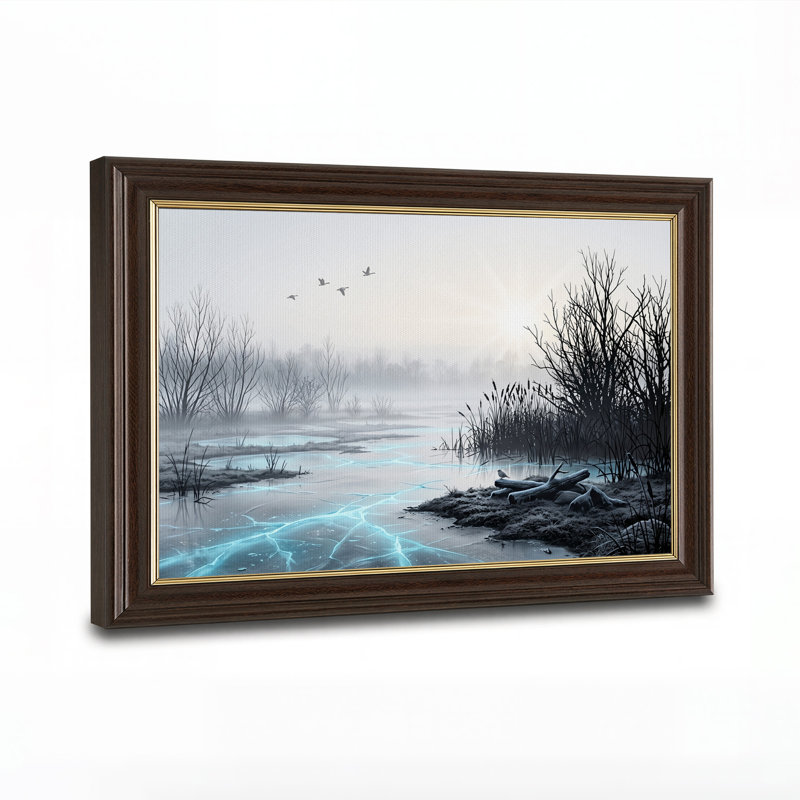 Tableau sur toile représentant un lac gelé aux fissures de glace bleues brillantes, H 16 po x l 24 po