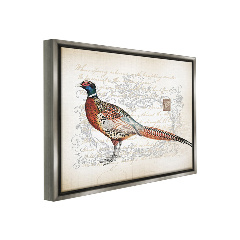 "Pheasant & Vintage Pattern" par Lula Bijoux sur toile, Cadre flottant gris lustré, H 17 po x l 21 po