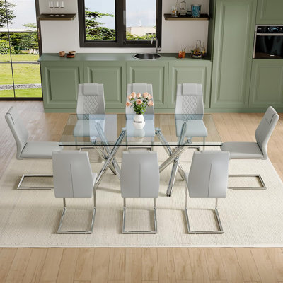 Ensemble de table de salle à manger moderne, table de salle à manger en verre de 71 pouces avec chaises chromées, table de cuisine et chaises