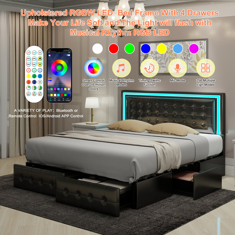 Led Bed Frame With 4 Storage Drawers, Smart Control RGB LED Lights On  Headboard,With Remote Control, Upholstered Adjustable Headbaord