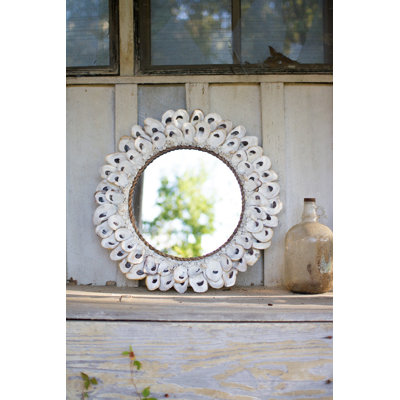  Oyster Shell Mirror, Large Round Oyster 24" Diameter, Handmade Glass & Oyster Shell, White Gloss Finish