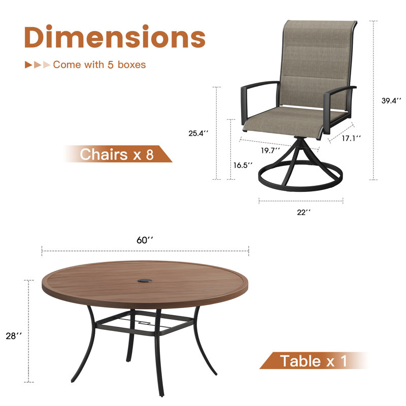  Ensemble repas pour 8 personnes avec table de salle à manger ronde de 60 po et 8 chaises pivotantes rembourrées en textilène