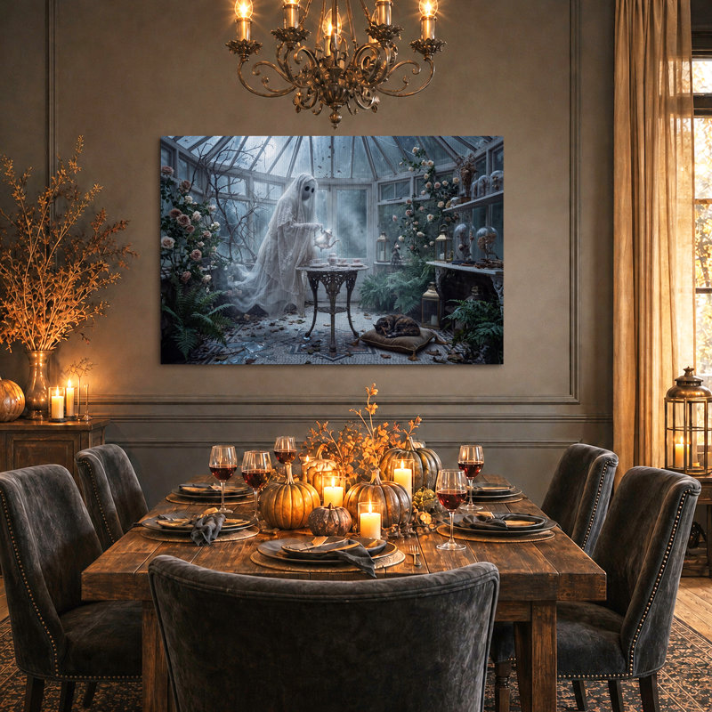 Fantôme versant du thé dans une serre en verre avec des roses - Toile murale d'Halloween, H 20 po x l 30 po
