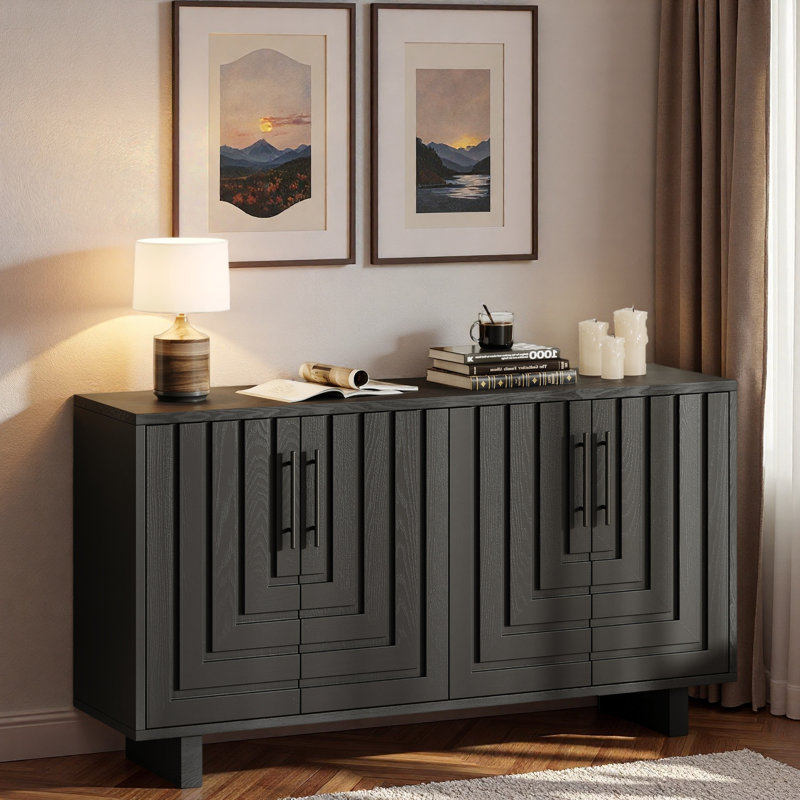 Modern Sideboard With Metal Handles And Geometric Line, Black