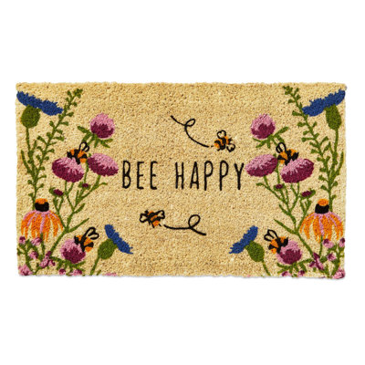 1'6" x 2'6"  Bee Happy Wildflower Coir Mat Rectangle Indoor and Outdoor Coir Door Welcome Mat