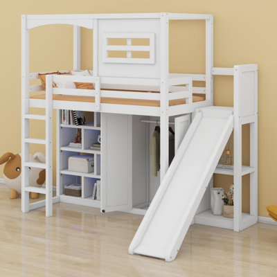 Wood Loft Bed With Wardrobe, Storage Shelves, Slide And LED