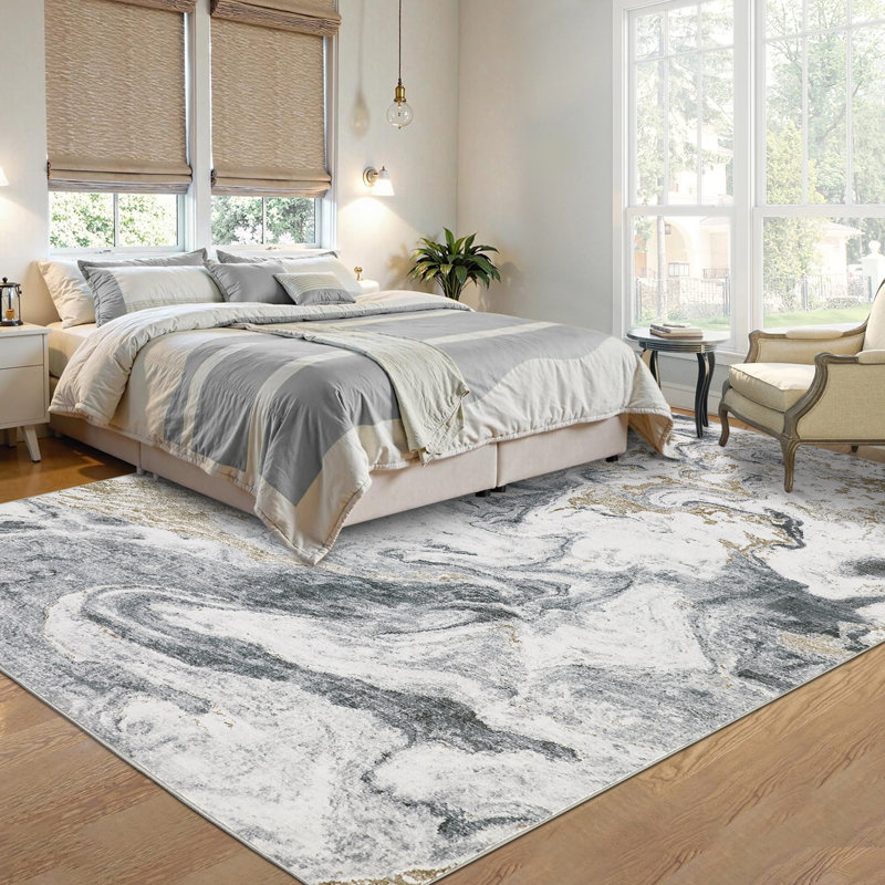 Abstract Machine Washable Area Rug Low Pile Non-Slip Stain-resistant Carpet for Living Room Bedroom Dining Room, Gray