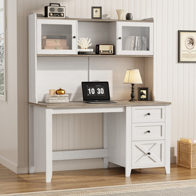 Farmhouse 47"W Wooden Computer Desk With Hutch And Led Lighting, White&Brown