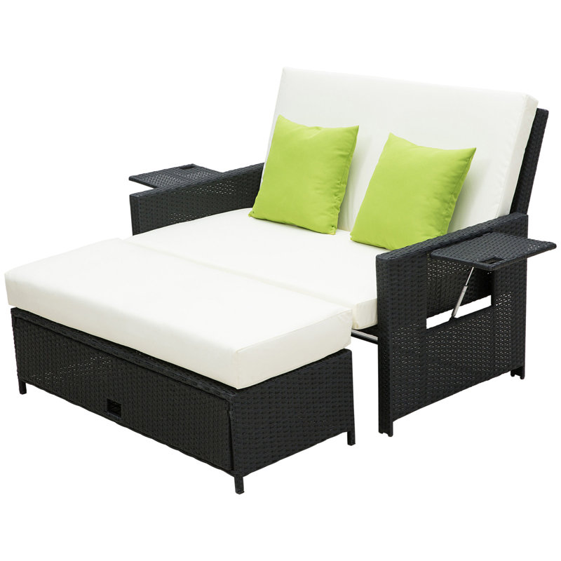Aymelia 72cm Long Reclining Double Chaise with Cushions, Black, Cream/White