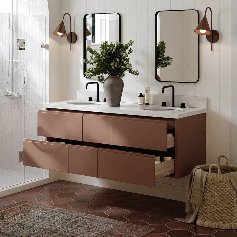   Ensemble de meuble-lavabo mural ovale double avec comptoir en quartz blanc pur de 61 po Ensuko, Ovale, Moka