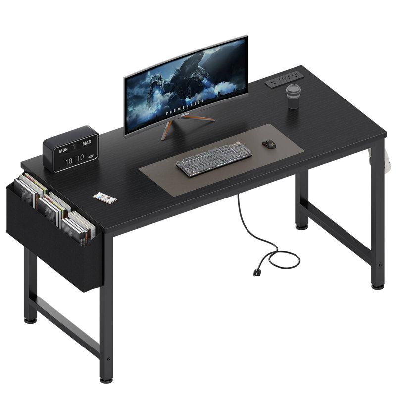 Bureau d'écriture rectangulaire avec prises de courant, Noir, noir, noir, noir, H 29,52 po x l 47,24 po x P 18,9 po
