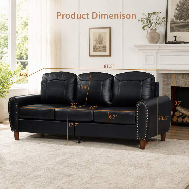 Canapé 3 places Classic avec accoudoirs roulés et rivets Classic, L 81,5 po, Polyuréthane noir