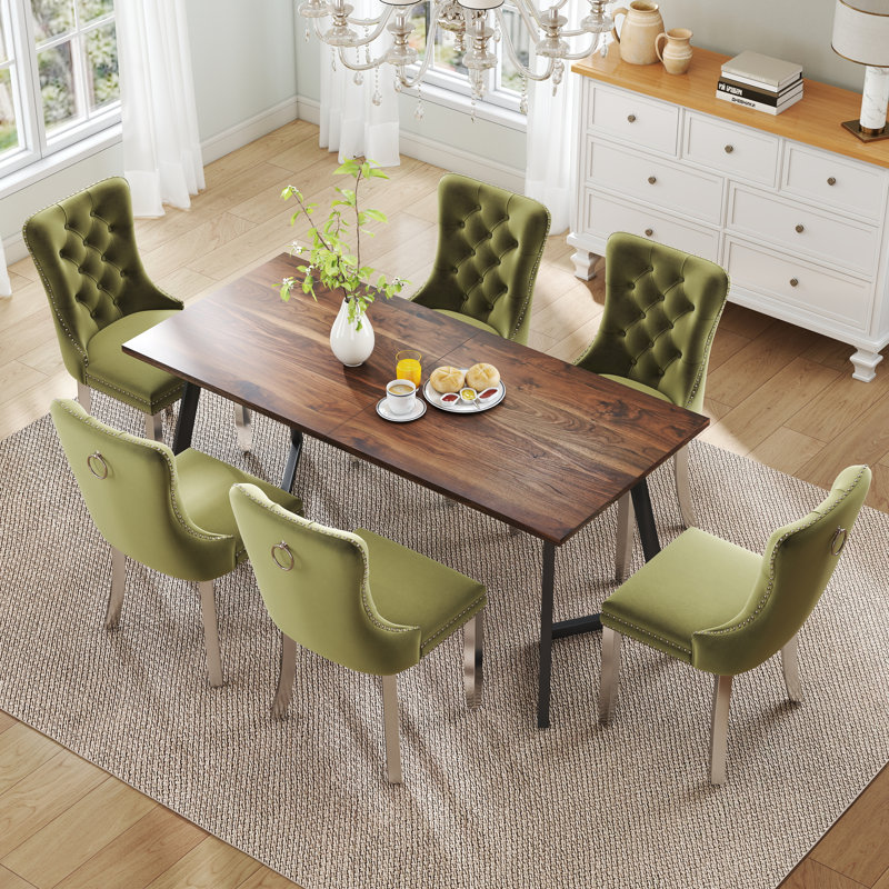 Ensemble de salle à manger rectangulaire en bois avec chaise capitonnée, 7, Vert olive