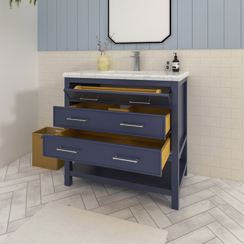 Roshan 36 in. Single Sink Freestanding with Open Shelf Bath Vanity in Marine Blue with Carrara Marble Top, Marine Blue
