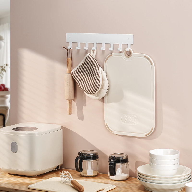 Metal Wall Organizer with Key Hooks, White