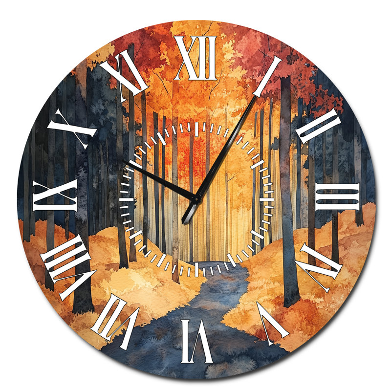 Horloge murale en métal Nature - Heure dorée sur un sentier forestier, Surdimensionné