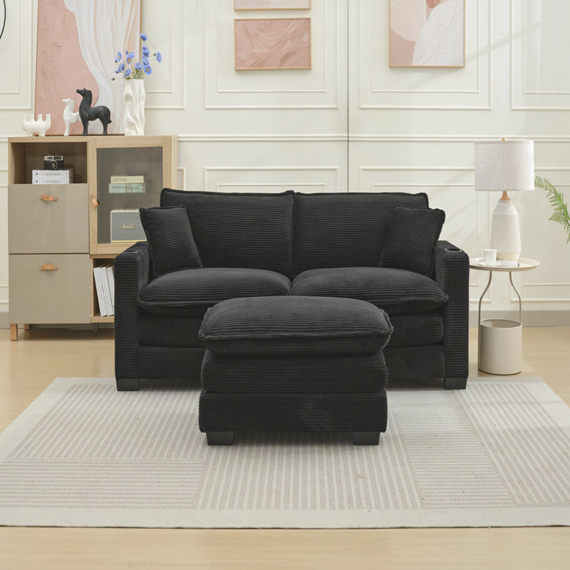 Canapé en forme de L avec port USB et porte-gobelet, canapé à 2 places en velours côtelé avec 1 repose-pieds, Noir