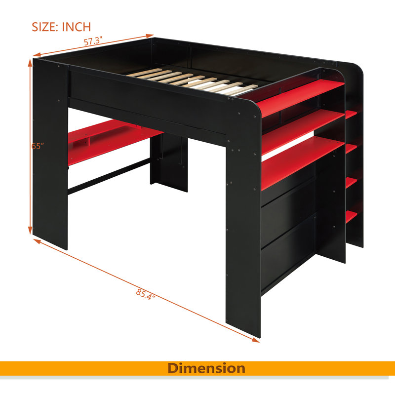 Full Size Wood Bunk Bed With Height-Adjustable Desk,Wardrobe,Ample Storage Space,And RGB Light, Red