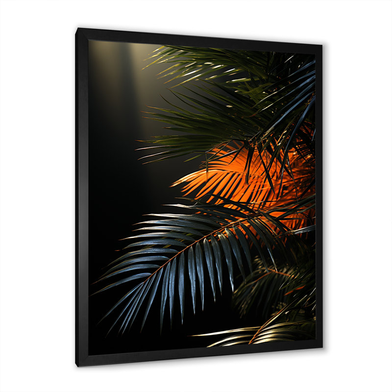 «Sunset Tropical Palm Tree Leaves IV», reproduction sur toile, H 32 po x l 24 po x P 1 po, Cadre noir