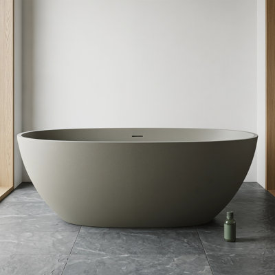 59" Freestanding Soaking Bathtub, Stone Resin, Ergonomic Backrest, Pop-Up Drain, Hidden Overflow