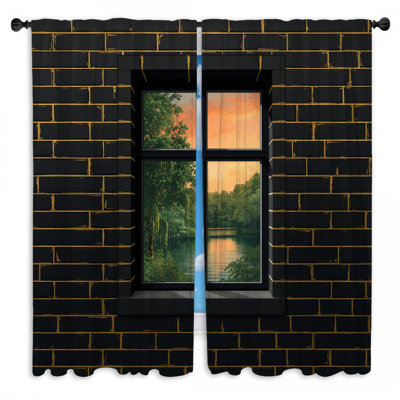 Black Brick Wall Window Window Curtains Landscape Sheer & Room Darkening - 2 Panels