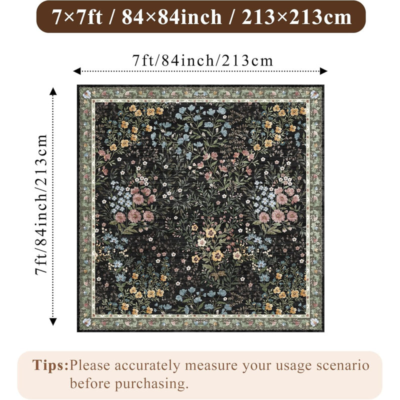 Tapis floral Eden Mughal, Noir, Carré 7 pi