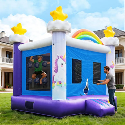 Jeu gonflable gonflable de qualité commerciale: grand château gonflable de 13 pi (L) pour adultes et adolescents - Souffleur de 750 W, panier de basketball, PVC de qualité supérieure, style arc-en-ciel - pour l'intérieur et l'extérieur