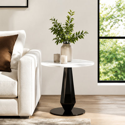 17.7" Modern Round End Table - White Sintered Stone Side Table With Black Stainless Steel Base, Small Accent Table For Living Room Bedroom
