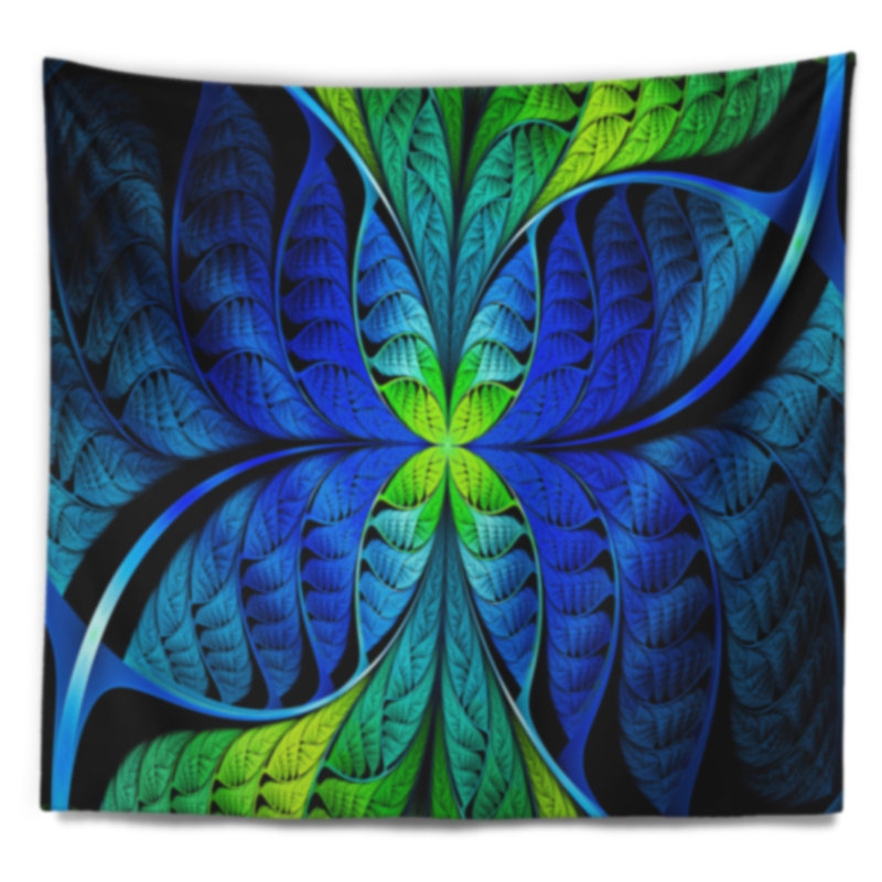 Tapisserie abstraite bleu vert fractal en verre coloré, H 68 po x l 80 po