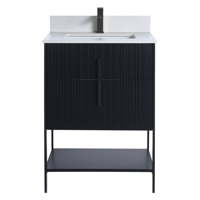 Meuble-lavabo moderne avec plateau en pierre Serenity, 24", Pierre artificielle blanche, Noir mat / noir
