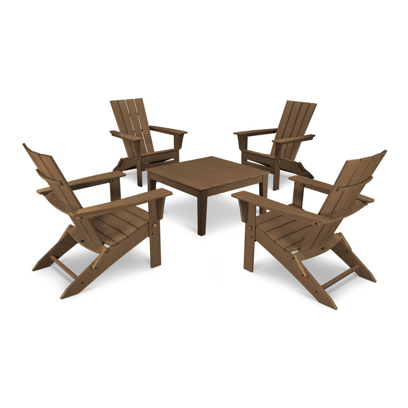 POLYWOOD Quattro Folding Chair 5-Piece Conversation Set, Teak