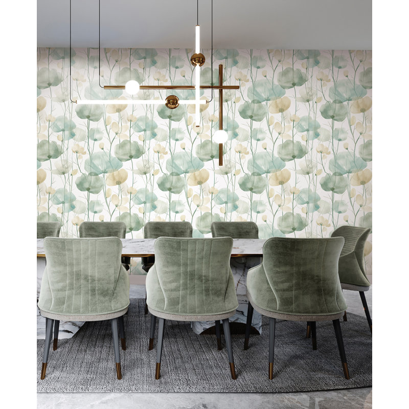 Papier peint floral Cotswolds Poppies Turquoise, Vert