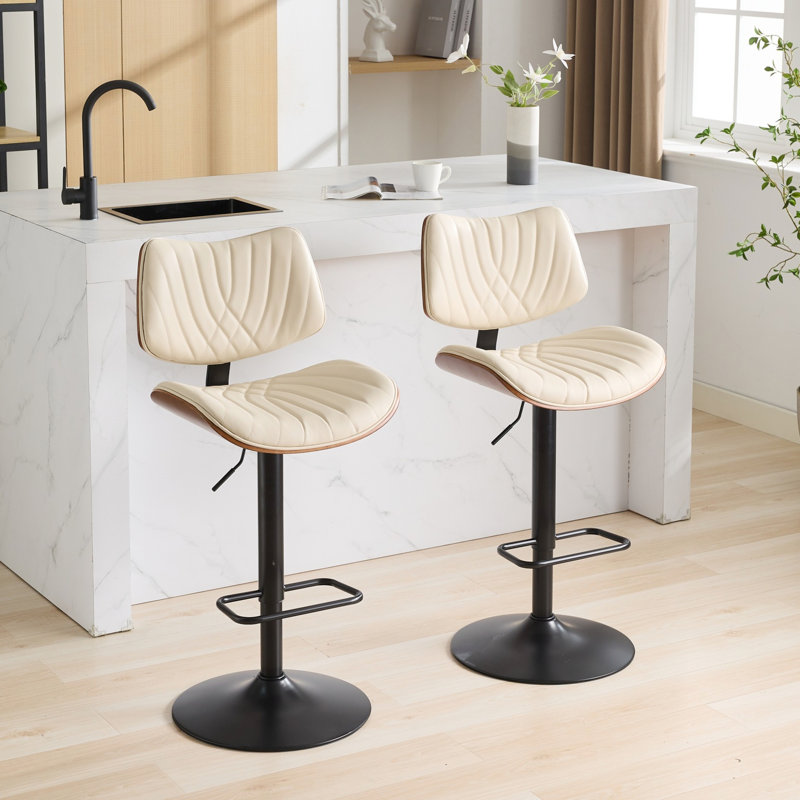 Adjustable Height Walnut Bar Stools, 360 Swivel, Black Leather Upholstered, Stable Base For Kitchen/Dining/Cafe, Beige Ergonomic & Upholstery, Height, Kitchen Island/Dining Room/Cafe, Mid Century
