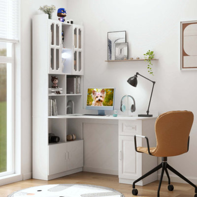 Bureau d'ordinateur d'angle en L pour bureau à domicile ou bureau d'étude, table d'étude de style moderne avec tiroirs, rehausse de bibliothèque, conception en L 2 en 1, grand espace de travail
