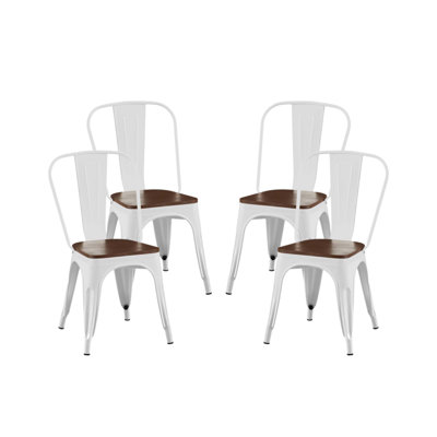 Set Of 4 High Gloss White With Walnut Wooden Seat Industrial Metal Dining Chairs, Stackable And Durable For Indoor And Outdoor Use