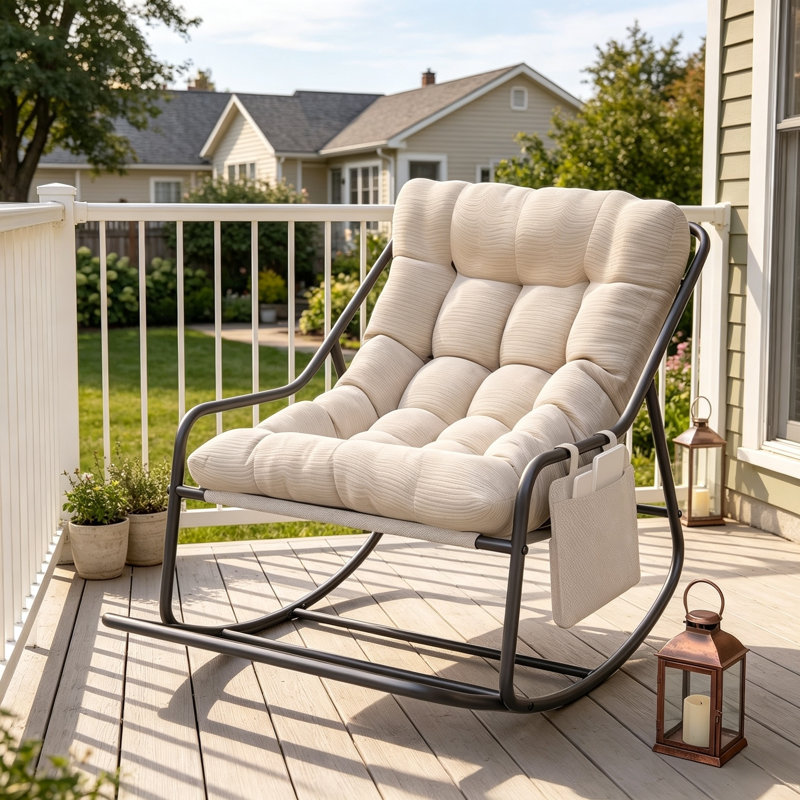 Fauteuil à bascule avec repose-pieds extensible, fauteuil inclinable Papasan surdimensionné avec coussin en velours côtelé et poche de rangement, structure en acier, pour intérieur et extérieur (chambre, salon, terrasse), beige