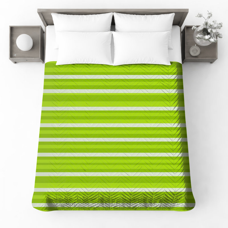 Green White Stripes Quilted Bedspread , Full / Double