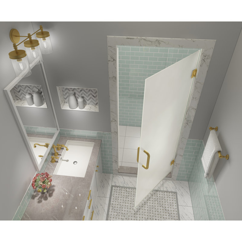 Kinkade XL 33.75" - 34.25" W x 80" H  Hinged Frameless Shower Door with Ultra-Bright Frosted Glass, Brushed Gold