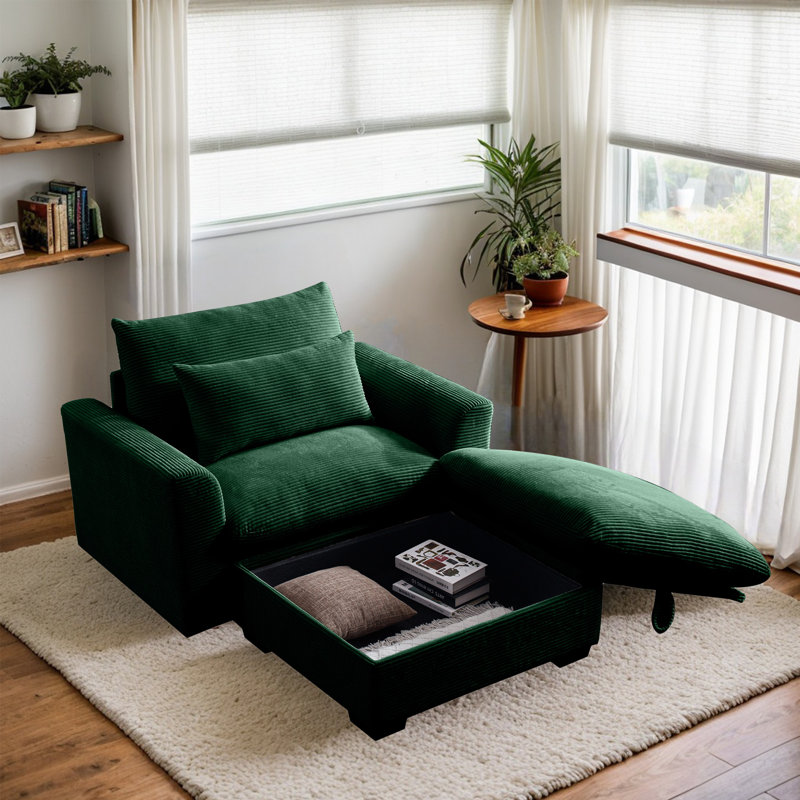 Fauteuil et repose-pieds de 51 po de largeur, Velours côtelé vert