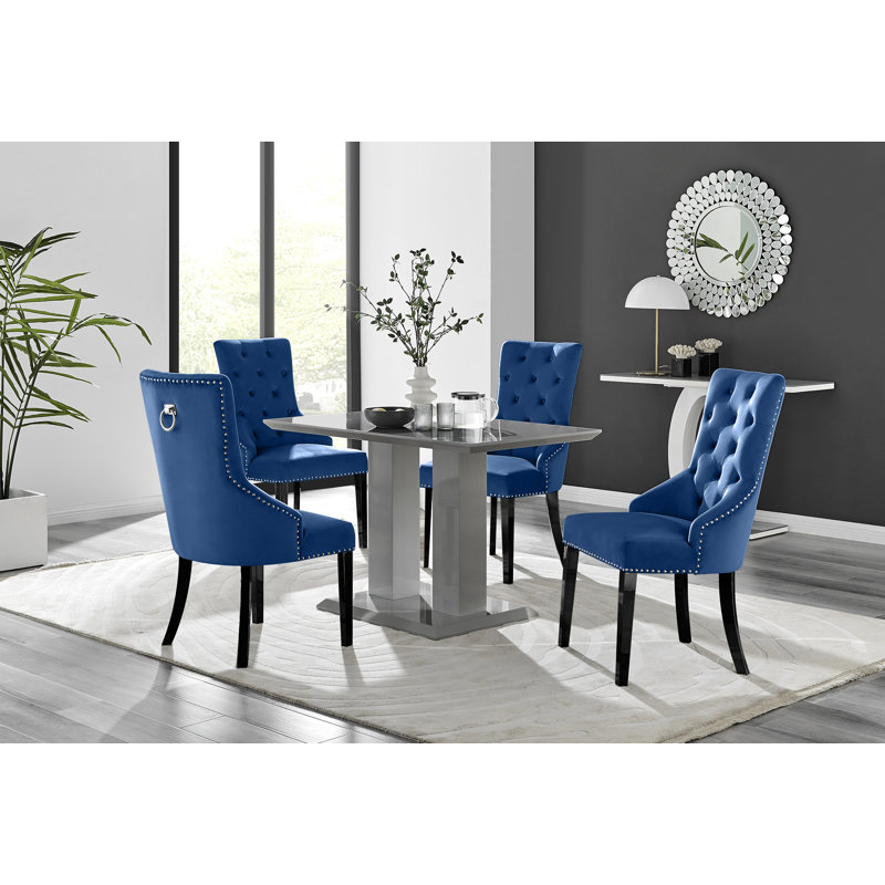 Edzard Modern Double Pedestal High Gloss Dining Table Set with 4 Luxury Velvet Dining Chairs, Grey, Green/Silver
