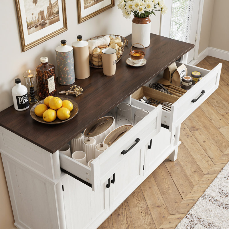 Buffet Cabinet Sideboard With Drawers, Shelves And Doors, White/Brown, 34.2" H x 47.2" W x 14.9" D