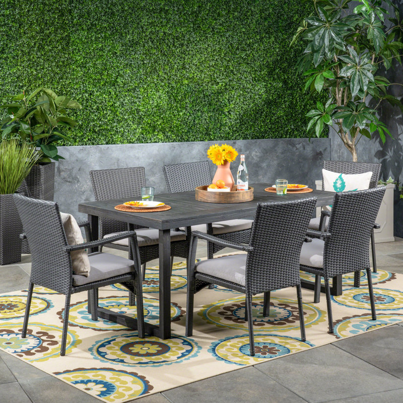 Coffelt 6 - Person Acacia Wicker Patio Dining Set with Rectangular Table , Cushions Included