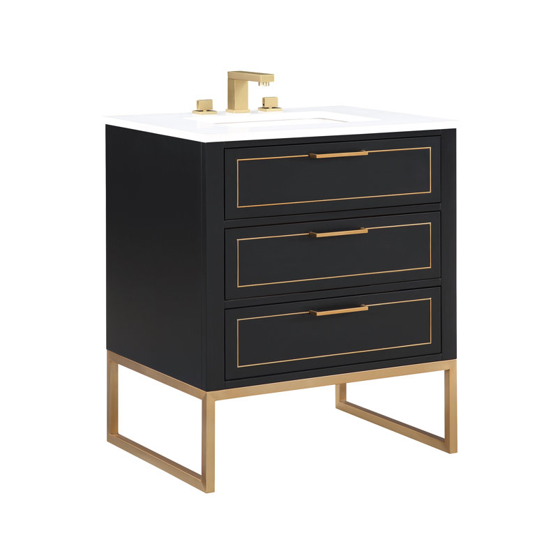 Ensemble de meuble-lavabo simple 30 po Markham, Nuit noire, Laiton satiné, Quartz Calacatta universel