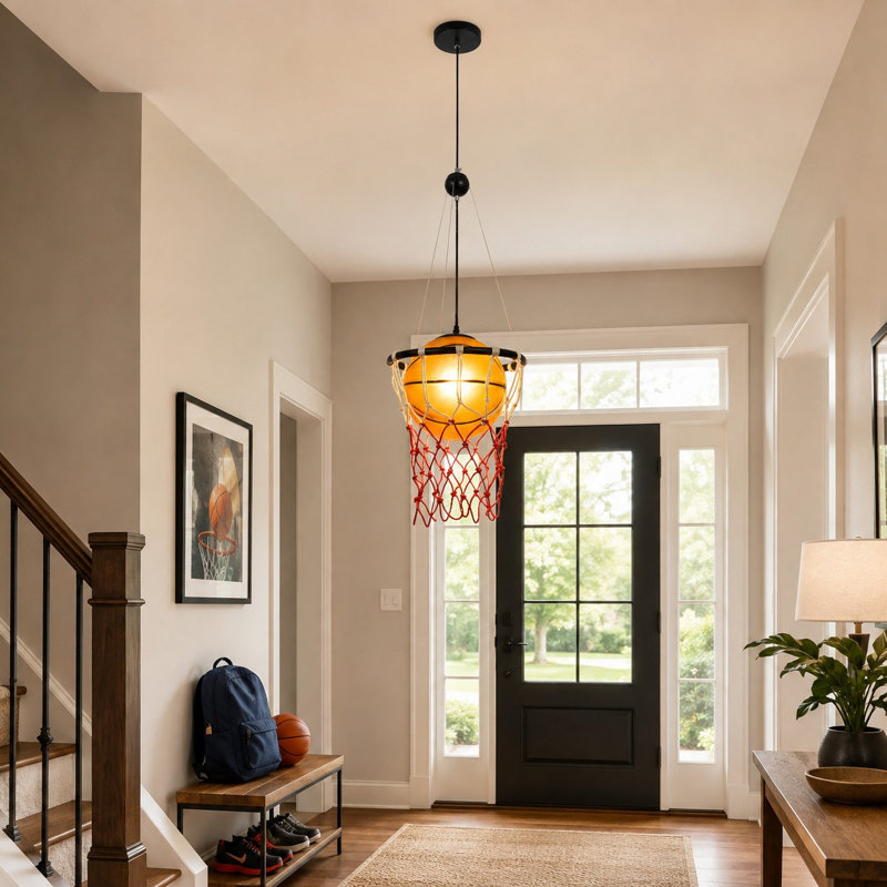 12.6" Basketball Pendant Light, Sports-Themed Glass Hanging Ceiling Light for Kids Bedroom, Game Room & Playroom