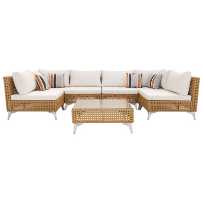  7-piece wicker patio furniture set, outdoor sectional sofa with water-resistant beige cushions and coffee table for porch, backyard, or patio - beige