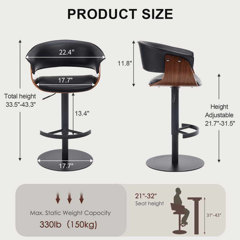 Adjustable Swivel Bar Stool with Back and Footrest, Carbon Steel Base, White Upholstered Seat, Black