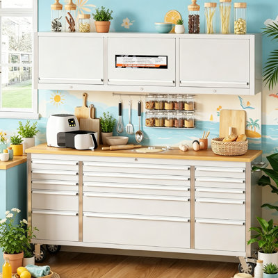 Armoire à outils robuste de 72 po avec panneau arrière et 15 tiroirs, plateau en bois d'hévéa robuste, roulettes verrouillables, doublure de tiroir, armoire de rangement à clé en acier pour garage, atelier, entrepôt.