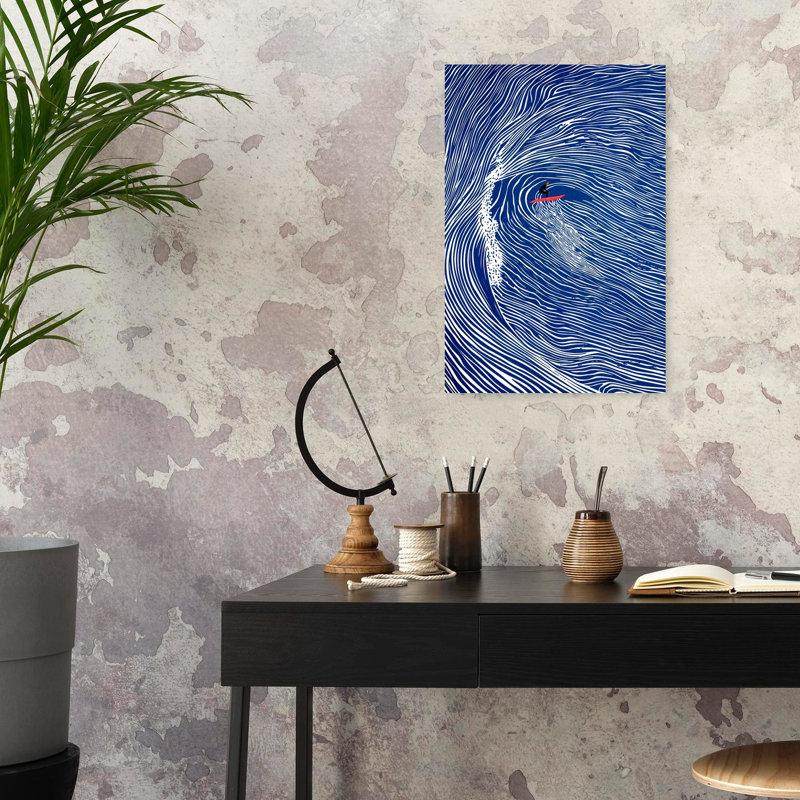 Surfer Rides Blue Wave Minimalist Ocean Wall Art Print by Pictufy Studio IV - Wrapped Canvas Print, 60.96cm H x 40.64cm W